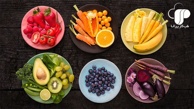 بشقاب غذایی سالم شامل چه مواد غذایی است؟ سعی کنید همیشه نیمی از بشقابتان پر از میوه و سبزیجات باشد.