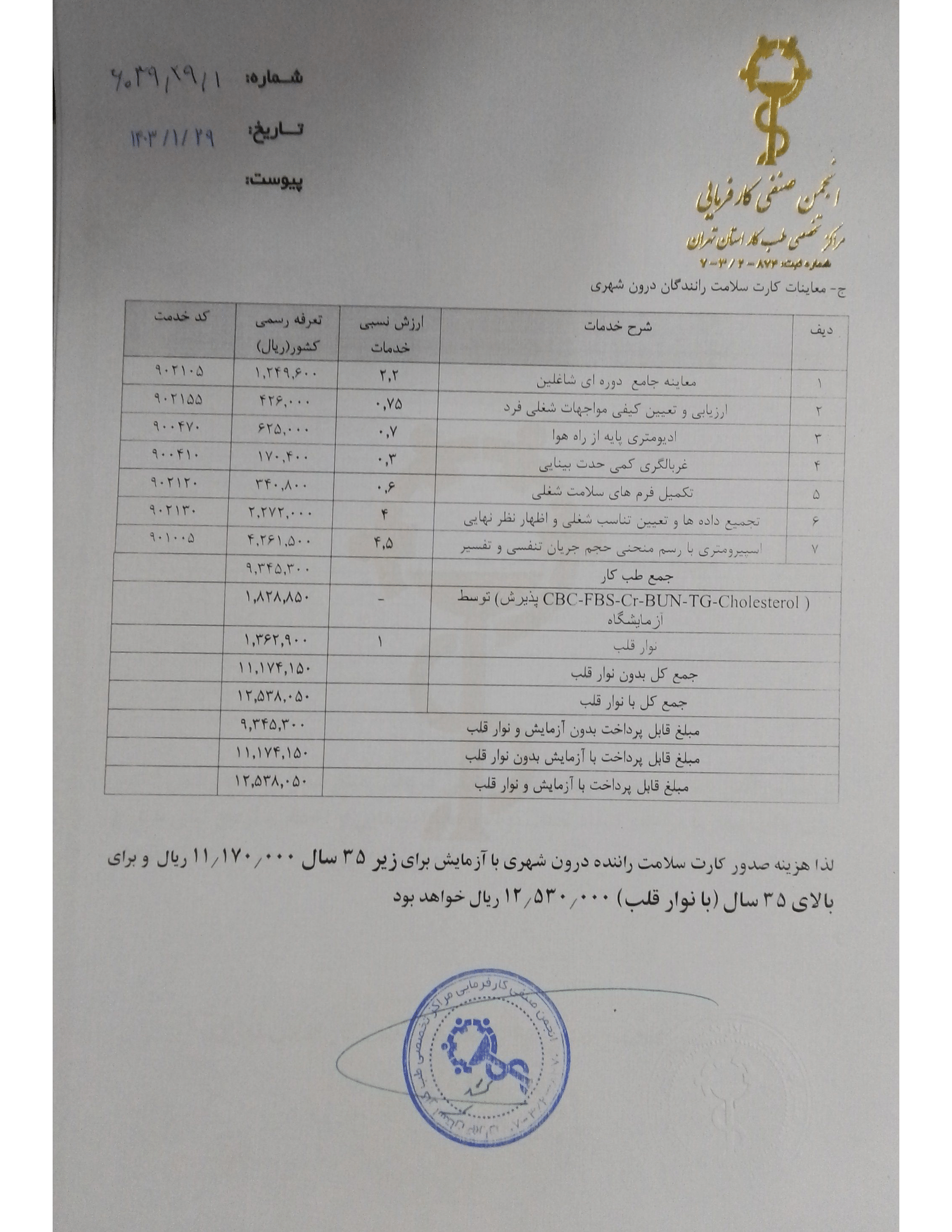 تعرفه های طب کار استان تهران ۱۴۰۳-3